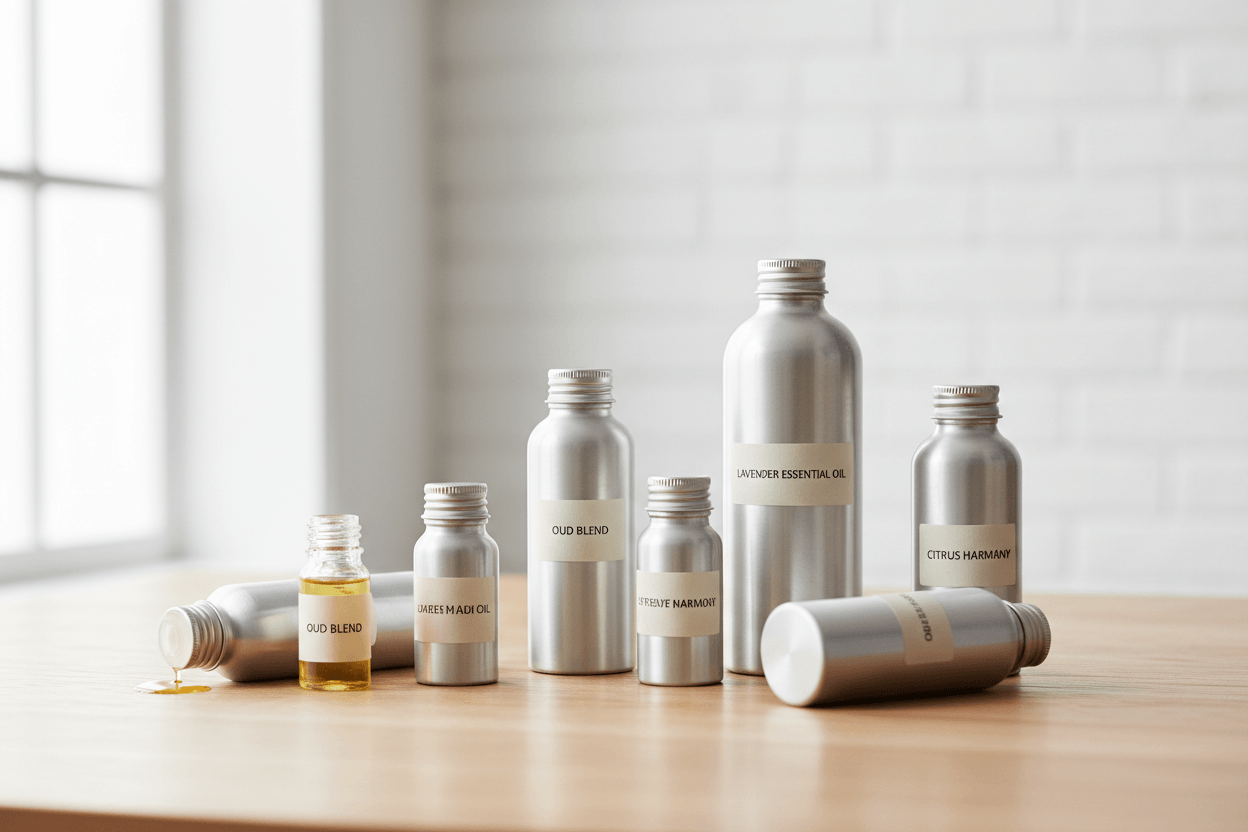 bunch of fragrance oils and essential oils in alluminium bottles